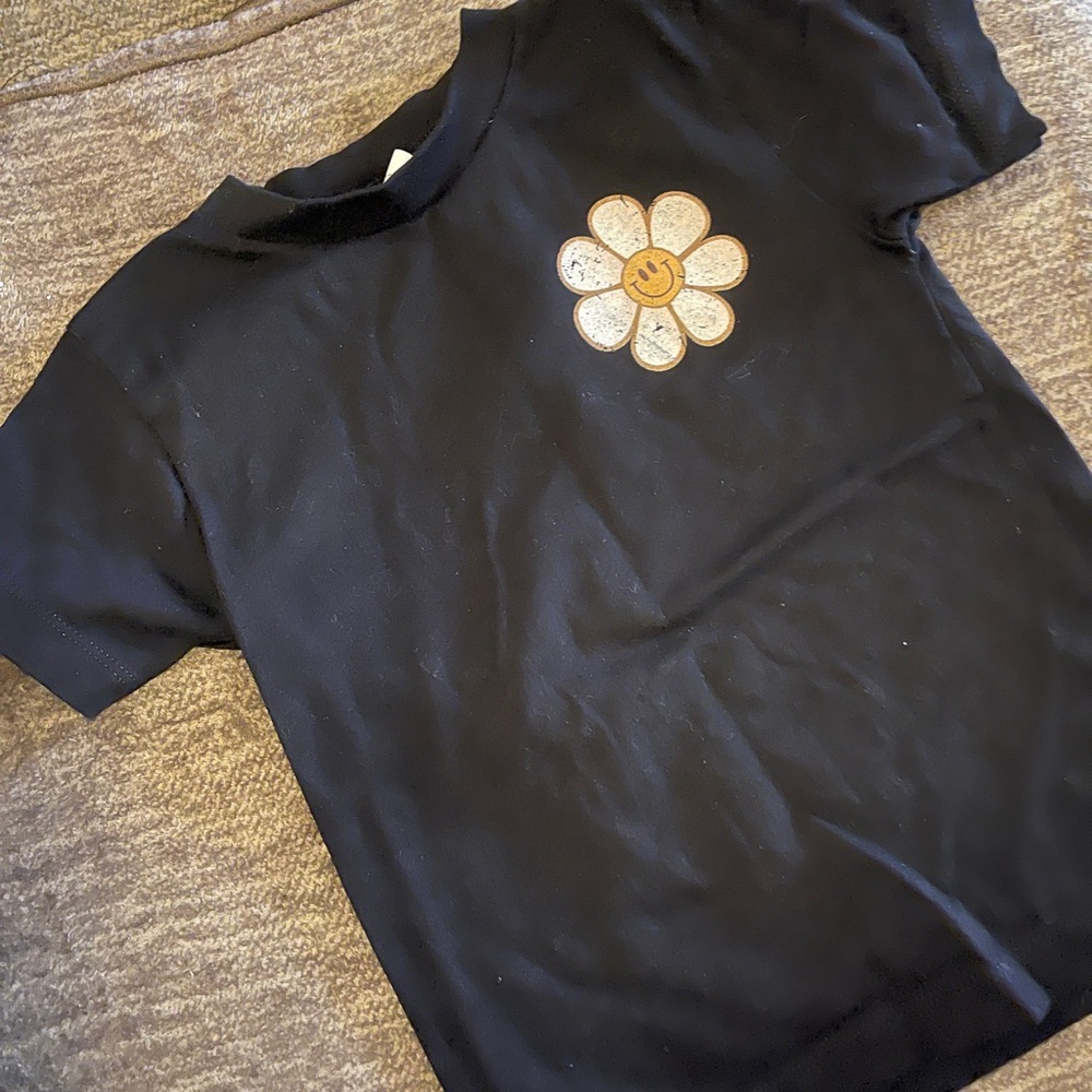 Black Kids T-Shirt with Smiley Flower Design #34